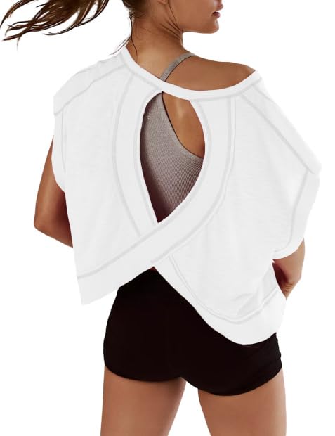 Women Short Sleeve Workout Shirts Open Back Tops Casual Yoga Y2k Athletic Gym Slouchy Crop Running Tees