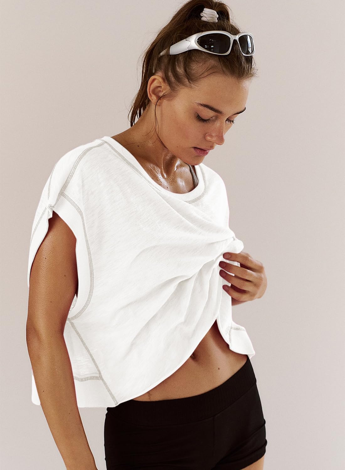 Women Short Sleeve Workout Shirts Open Back Tops Casual Yoga Y2k Athletic Gym Slouchy Crop Running Tees