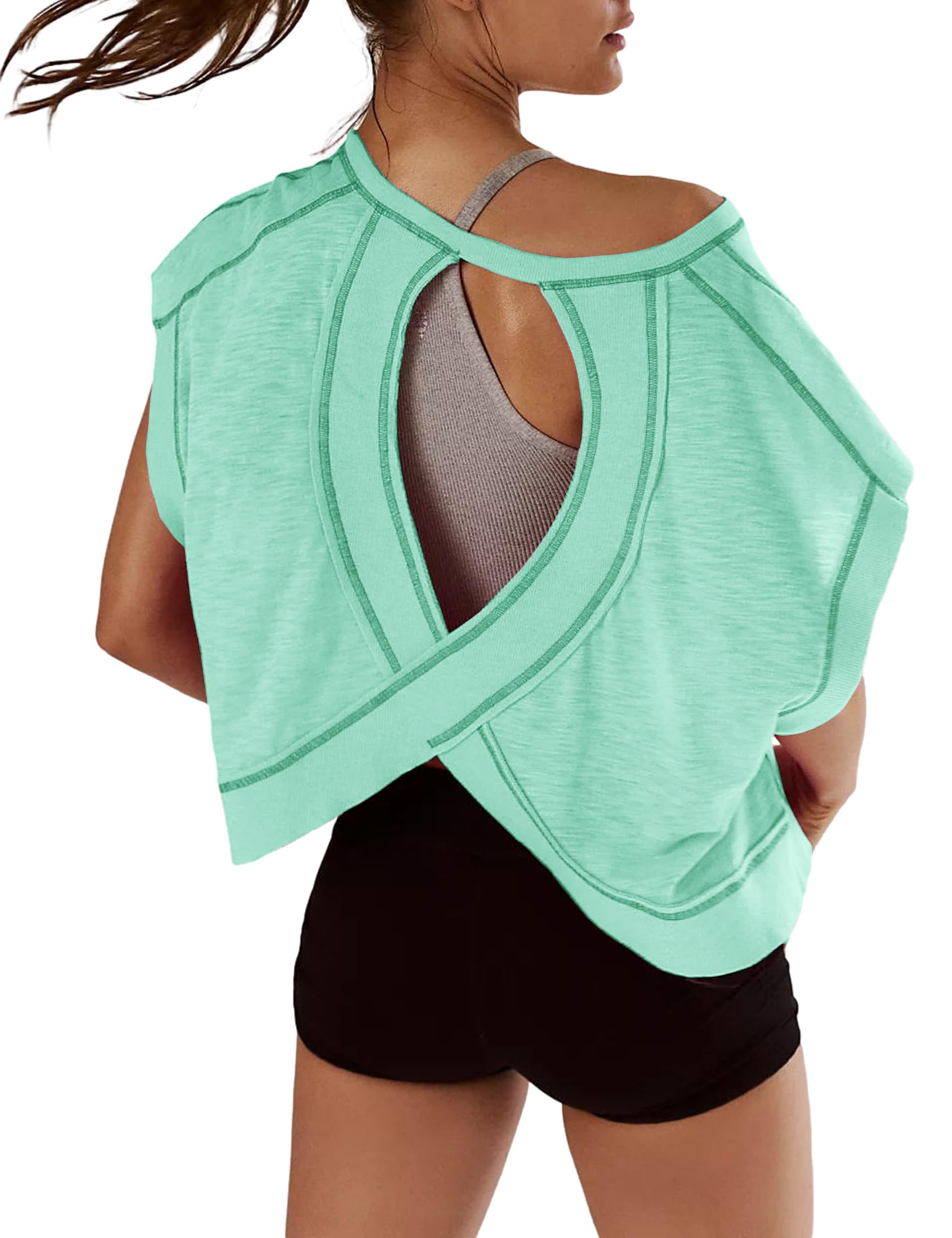 Women Short Sleeve Workout Shirts Open Back Tops Casual Yoga Y2k Athletic Gym Slouchy Crop Running Tees