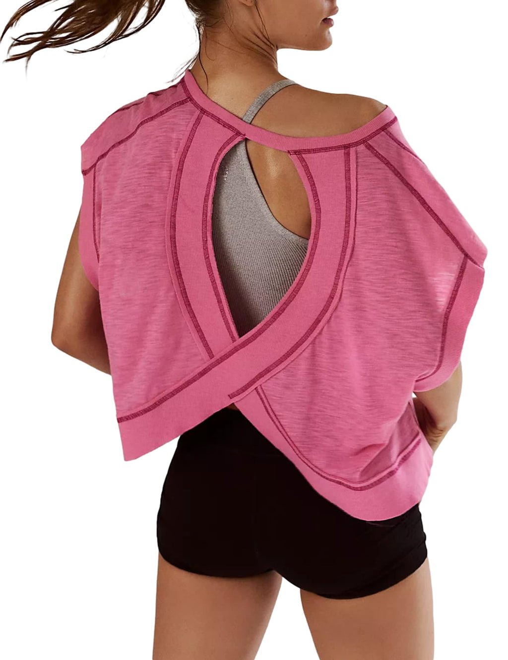 Women Short Sleeve Workout Shirts Open Back Tops Casual Yoga Y2k Athletic Gym Slouchy Crop Running Tees