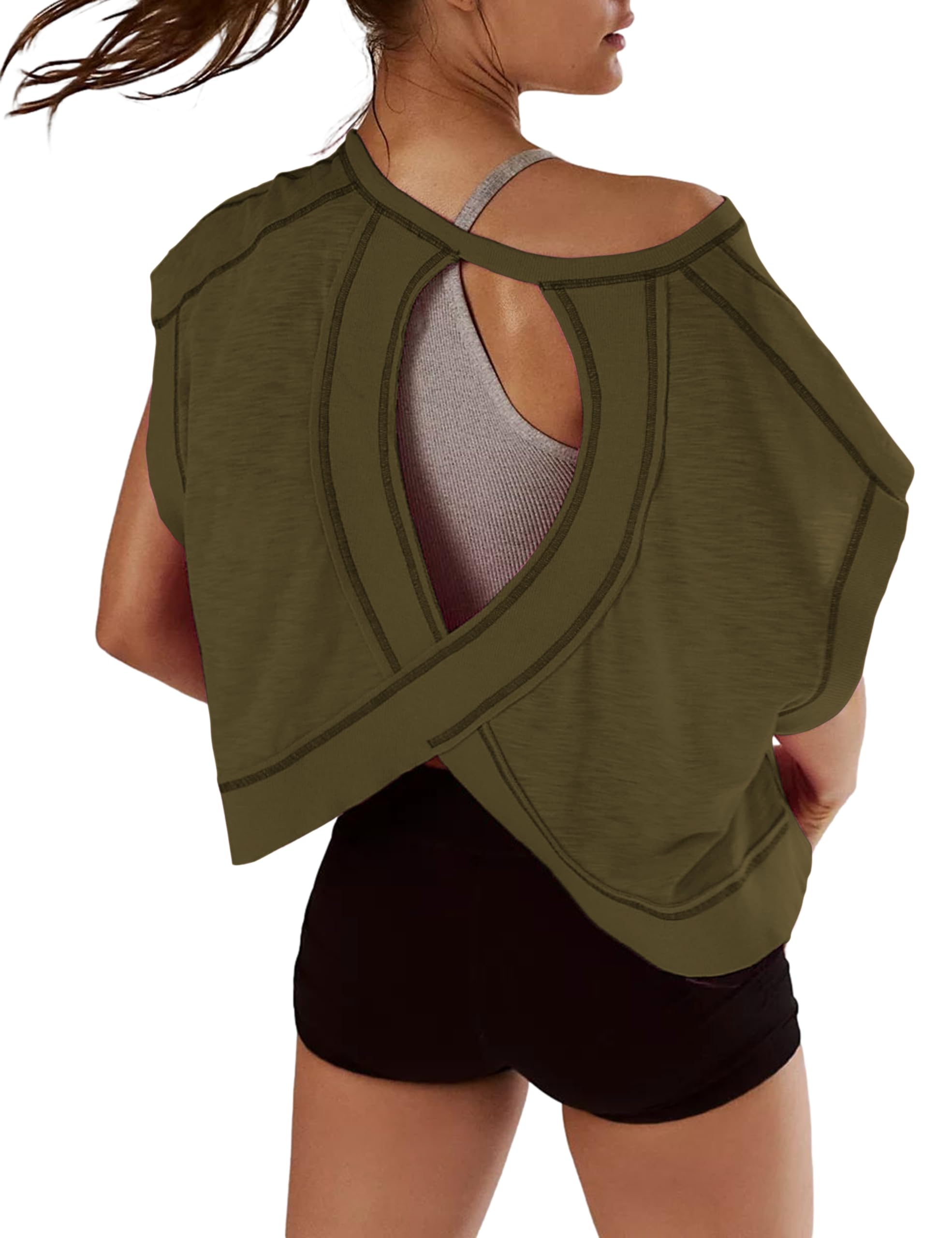 Women Short Sleeve Workout Shirts Open Back Tops Casual Yoga Y2k Athletic Gym Slouchy Crop Running Tees