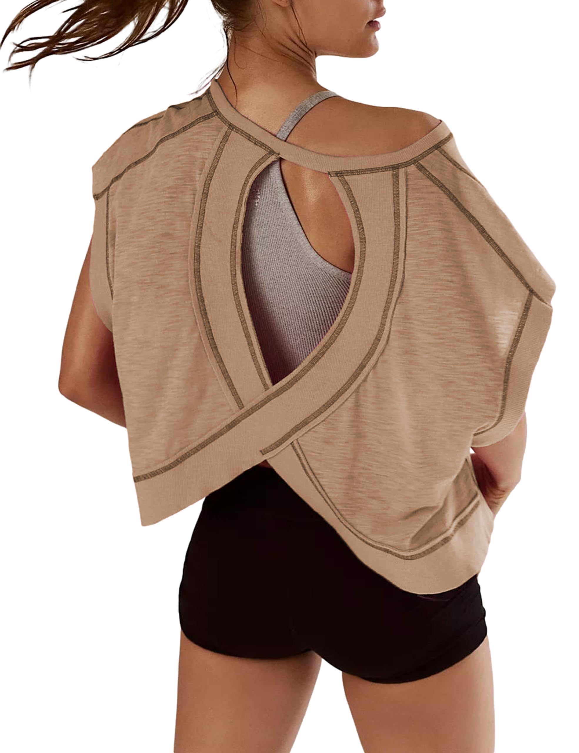 Women Short Sleeve Workout Shirts Open Back Tops Casual Yoga Y2k Athletic Gym Slouchy Crop Running Tees