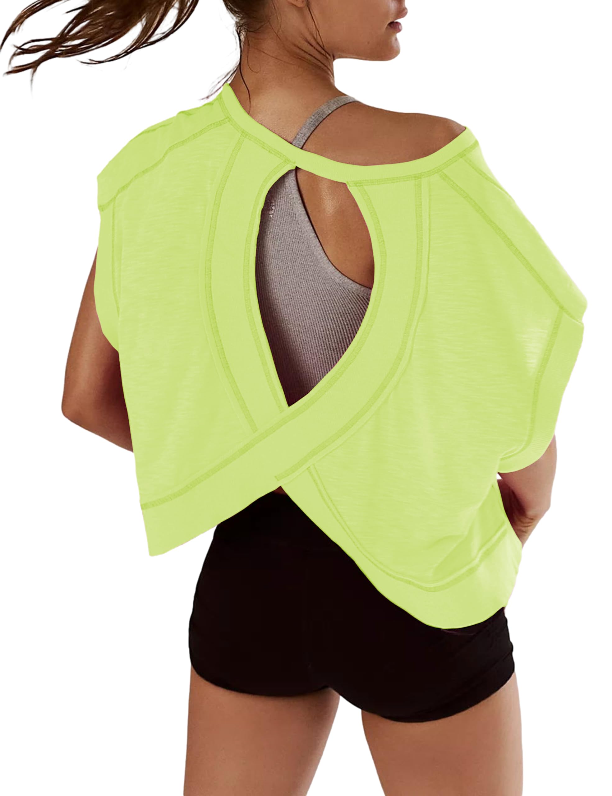 Women Short Sleeve Workout Shirts Open Back Tops Casual Yoga Y2k Athletic Gym Slouchy Crop Running Tees