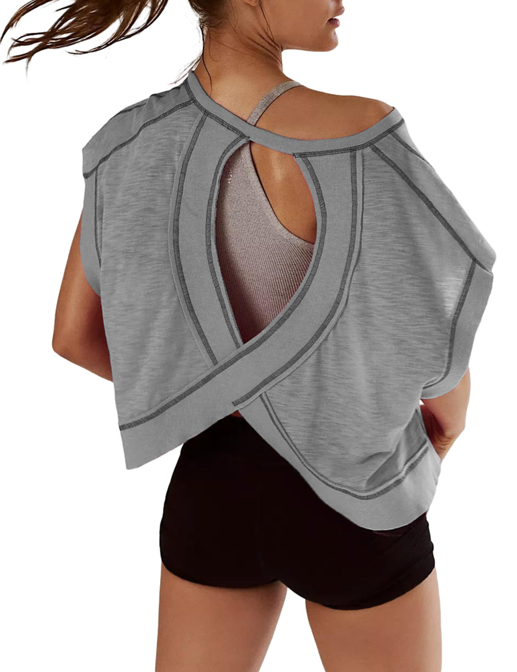 Women Short Sleeve Workout Shirts Open Back Tops Casual Yoga Y2k Athletic Gym Slouchy Crop Running Tees