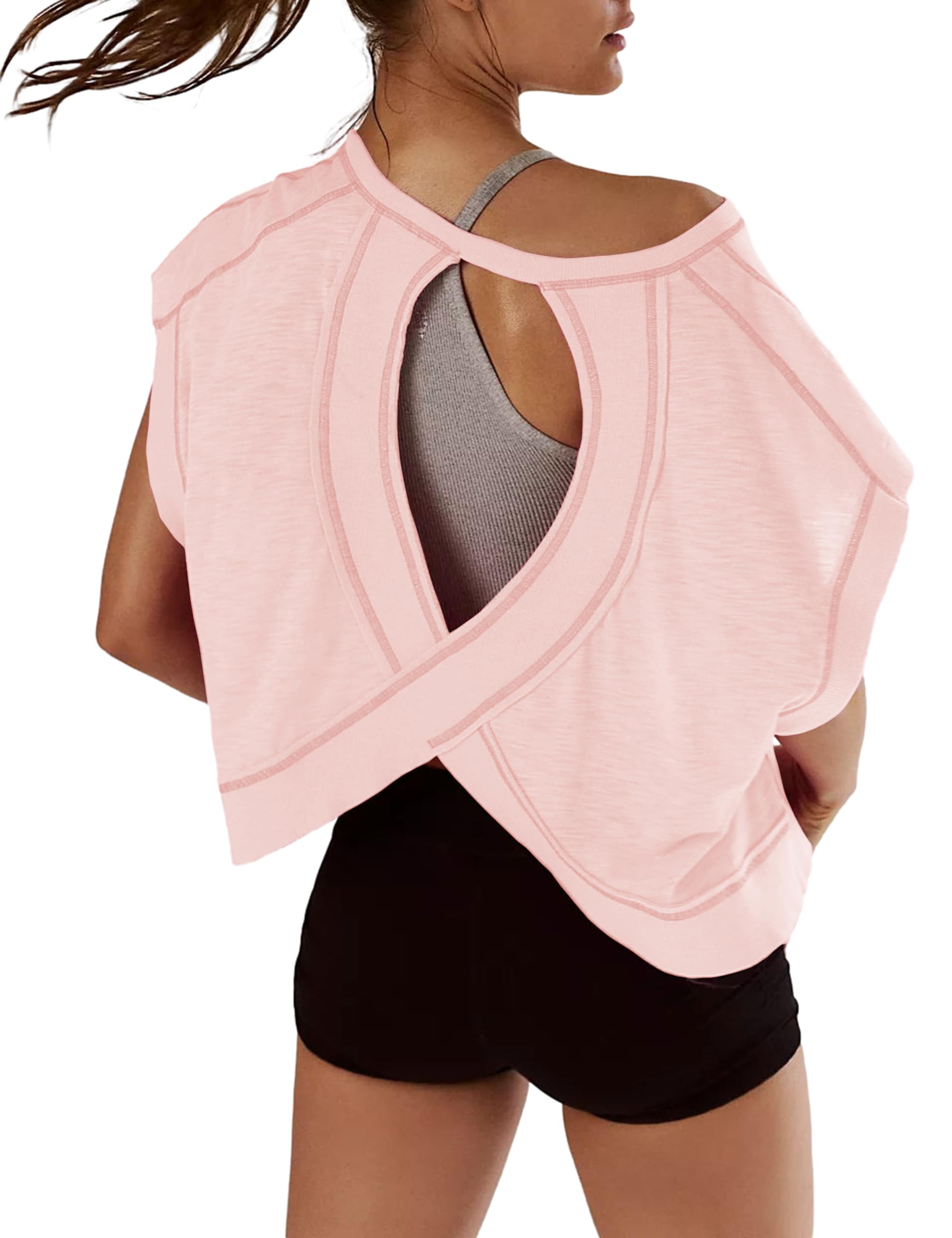 Women Short Sleeve Workout Shirts Open Back Tops Casual Yoga Y2k Athletic Gym Slouchy Crop Running Tees