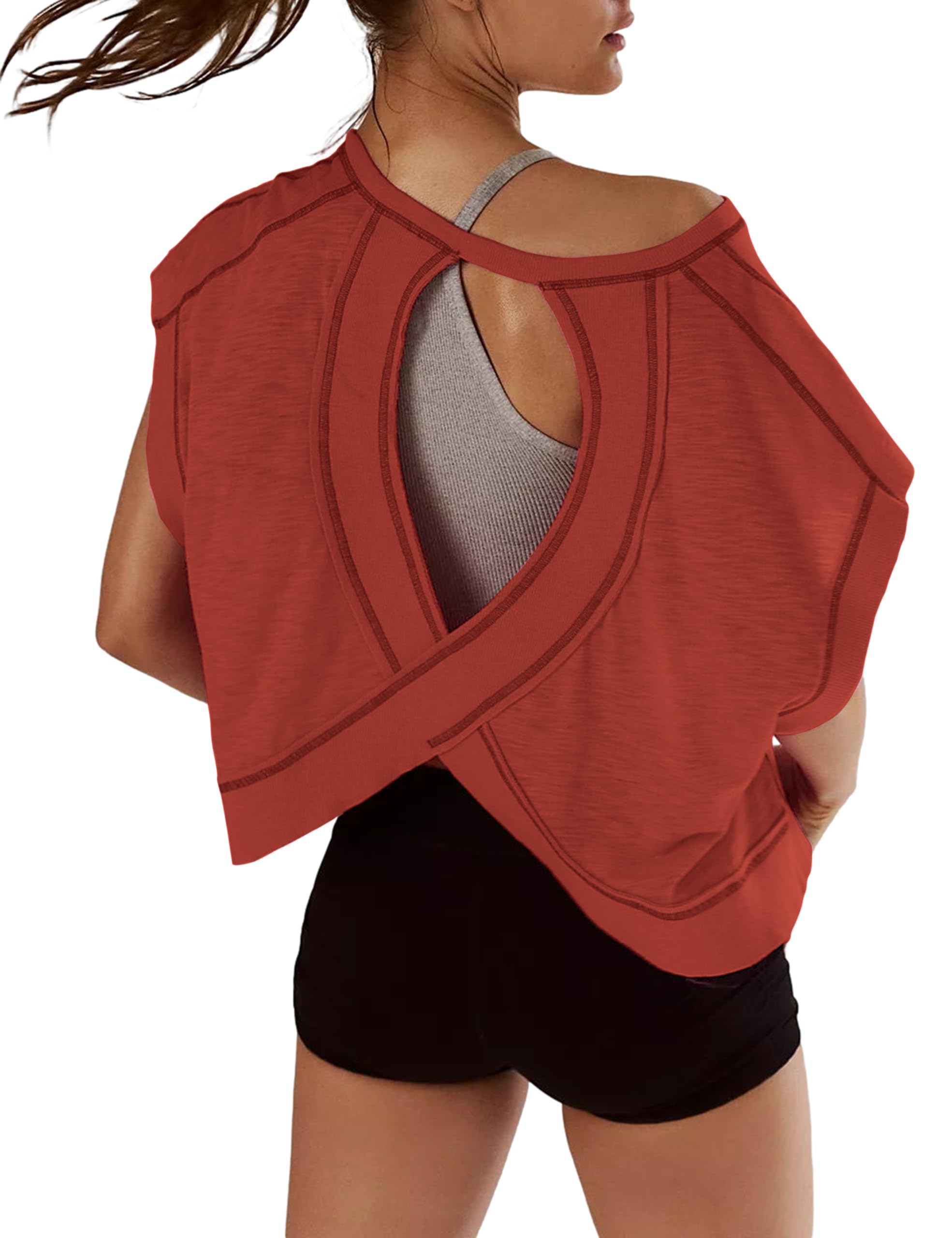 Women Short Sleeve Workout Shirts Open Back Tops Casual Yoga Y2k Athletic Gym Slouchy Crop Running Tees
