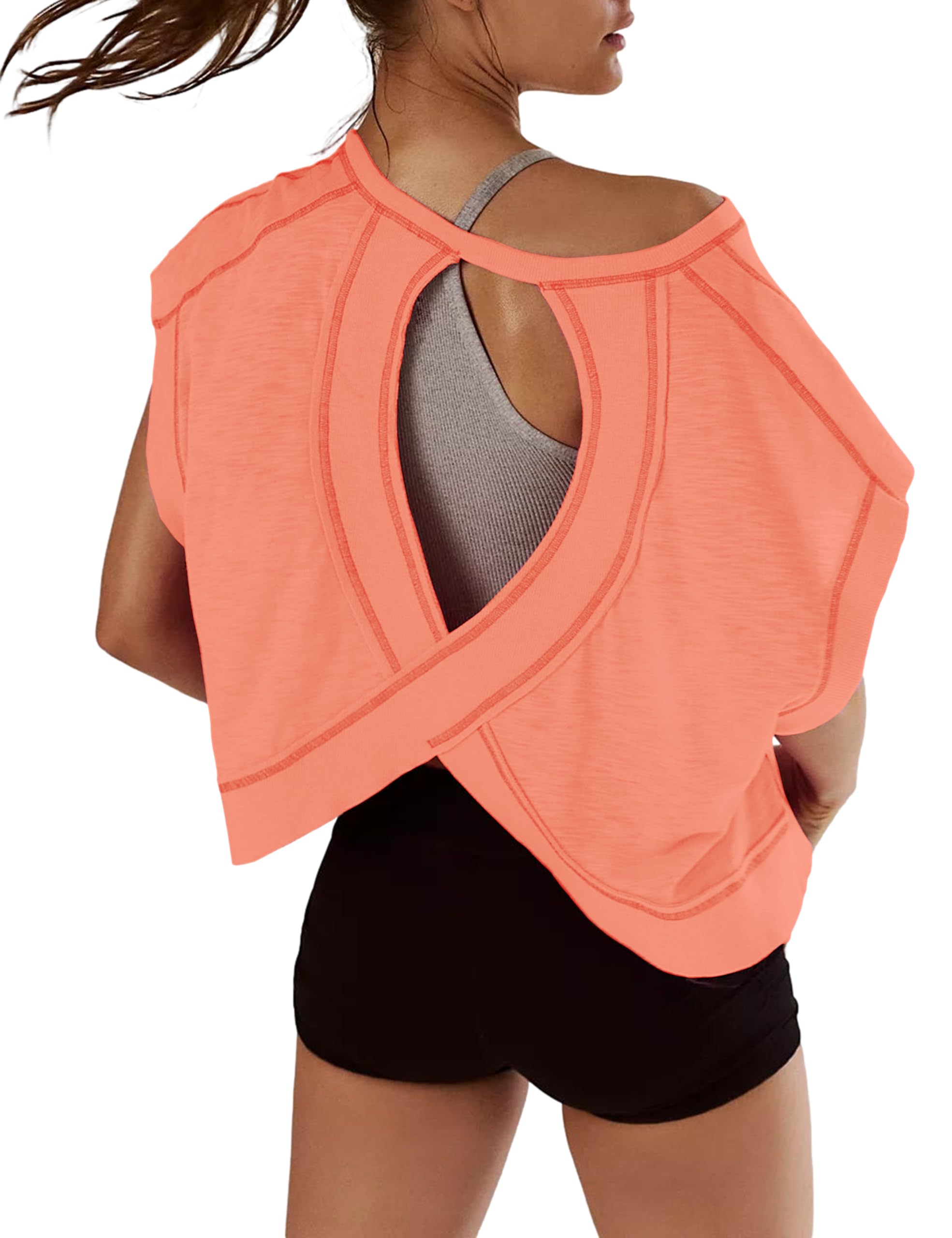 Women Short Sleeve Workout Shirts Open Back Tops Casual Yoga Y2k Athletic Gym Slouchy Crop Running Tees
