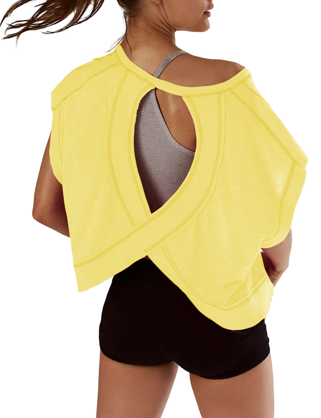 Women Short Sleeve Workout Shirts Open Back Tops Casual Yoga Y2k Athletic Gym Slouchy Crop Running Tees